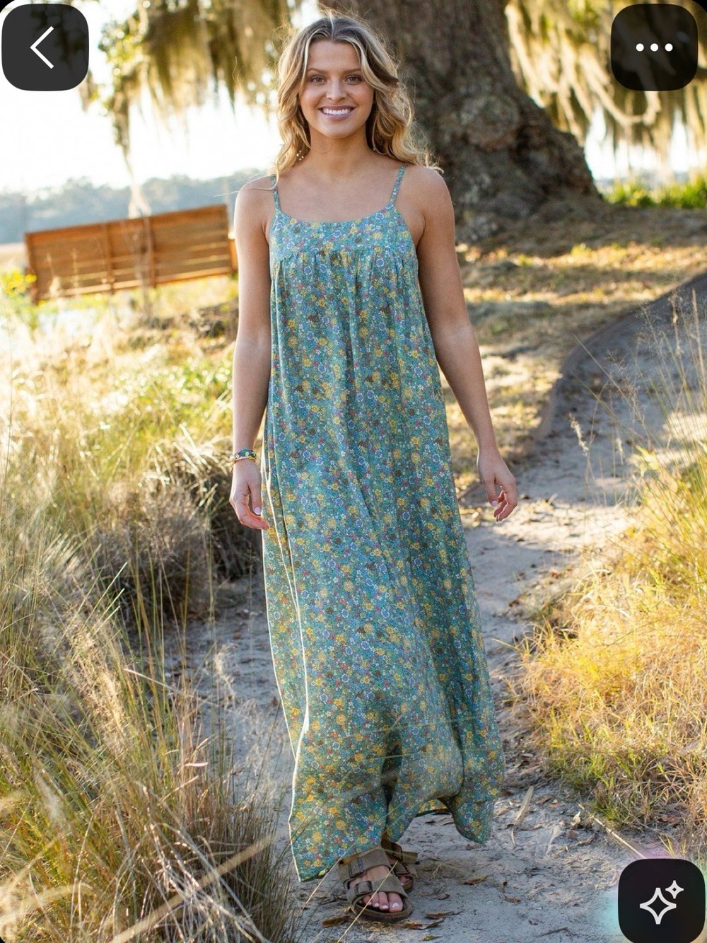 NATURAL LIFE Green Floral Spaghetti-Strap Maxi Dress Sz S